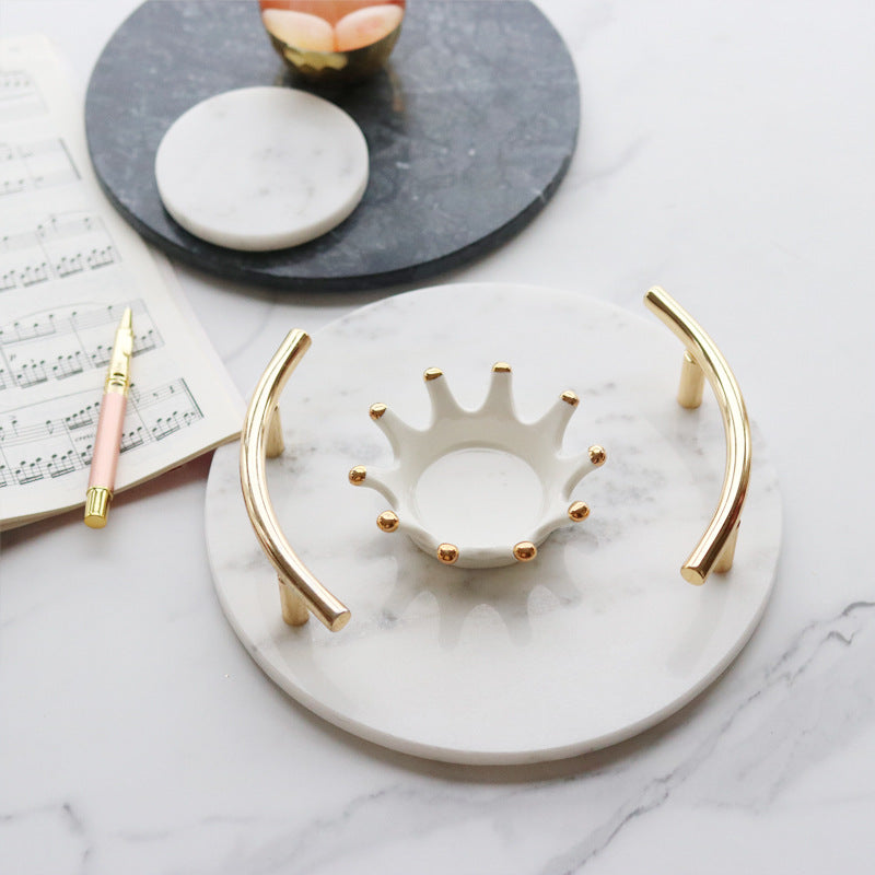 Metal Handle Marble Round Tray Dining Tray