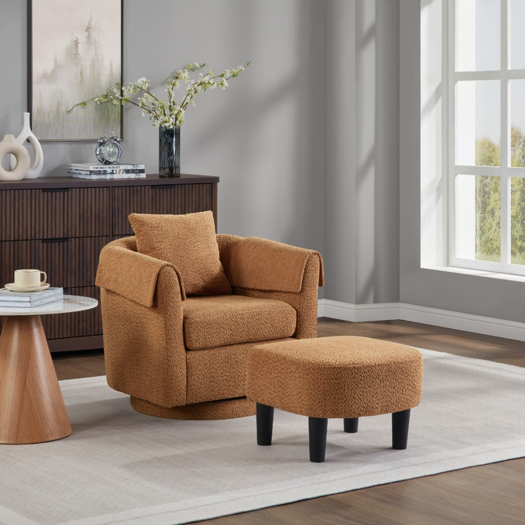 Swivel Accent Chair With Ottoman Set, Modern Chenille Barrel Armchair With Removable Back Pillow & 2 Armrest Covers For Living Room, Bedroom, Office, Yellow