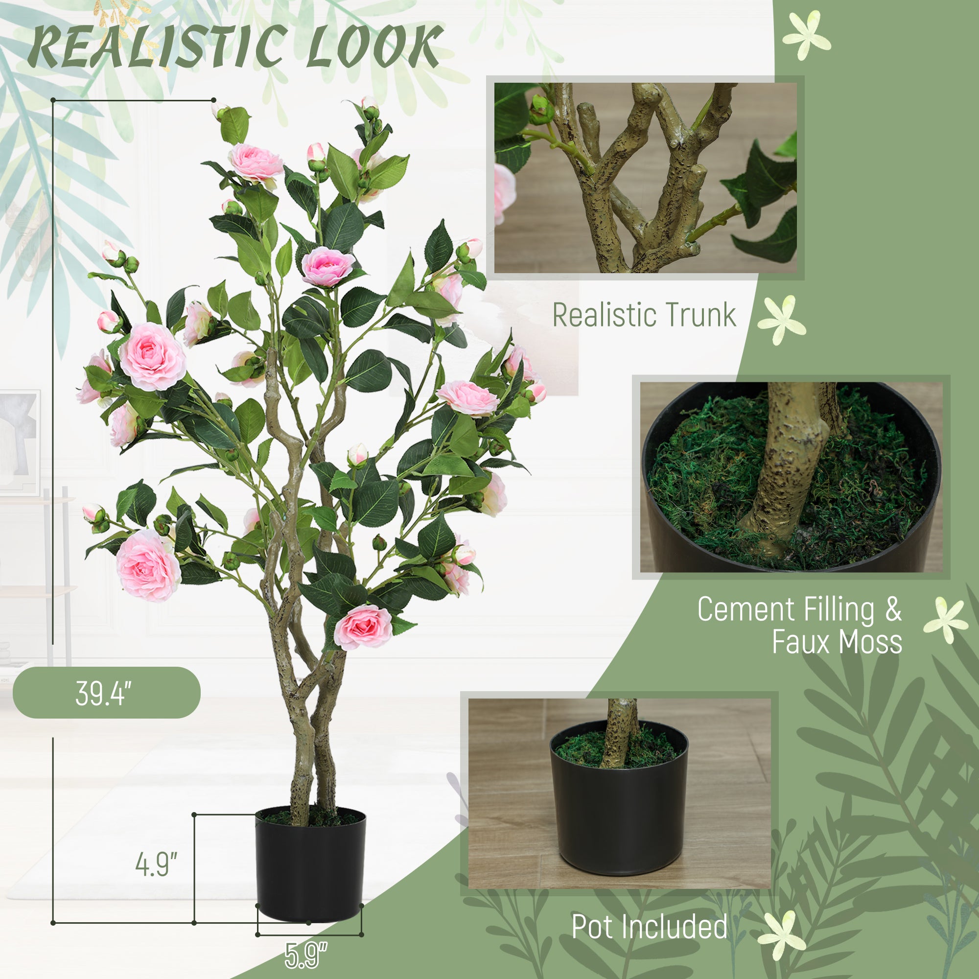 Set Of 2 Decorative Artificial Plants, Camellia Flowers In Pots, Fakes Plant For Home Indoor Decor, 39 Inch, Pink